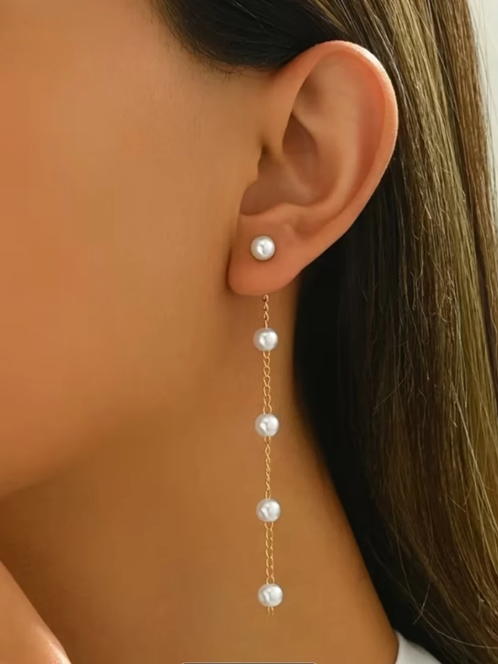 Pearl Drop Gold Chain Earrings - White Pearls